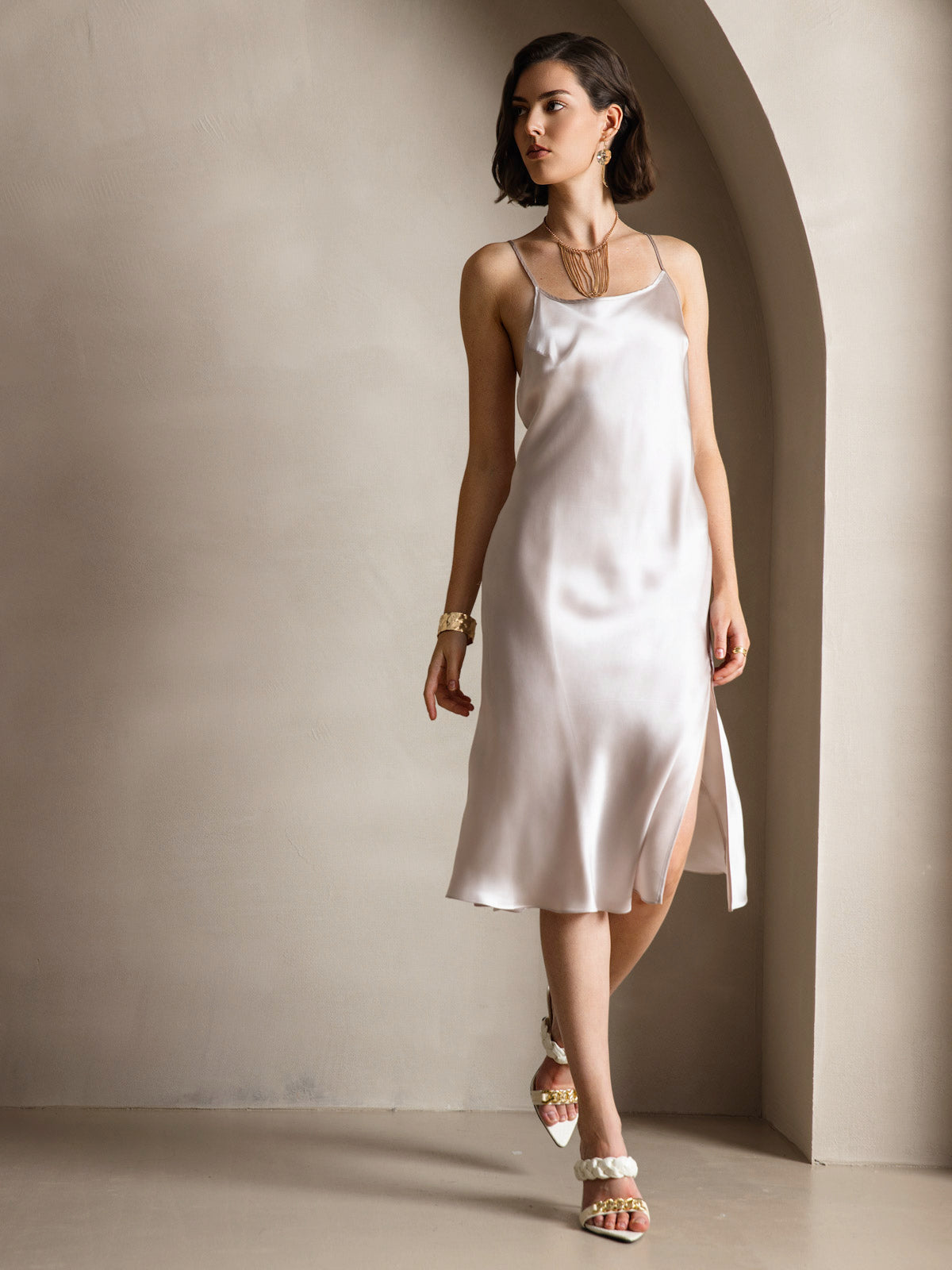 [Beige] SilkSilky-IT Seta pura Dress 004