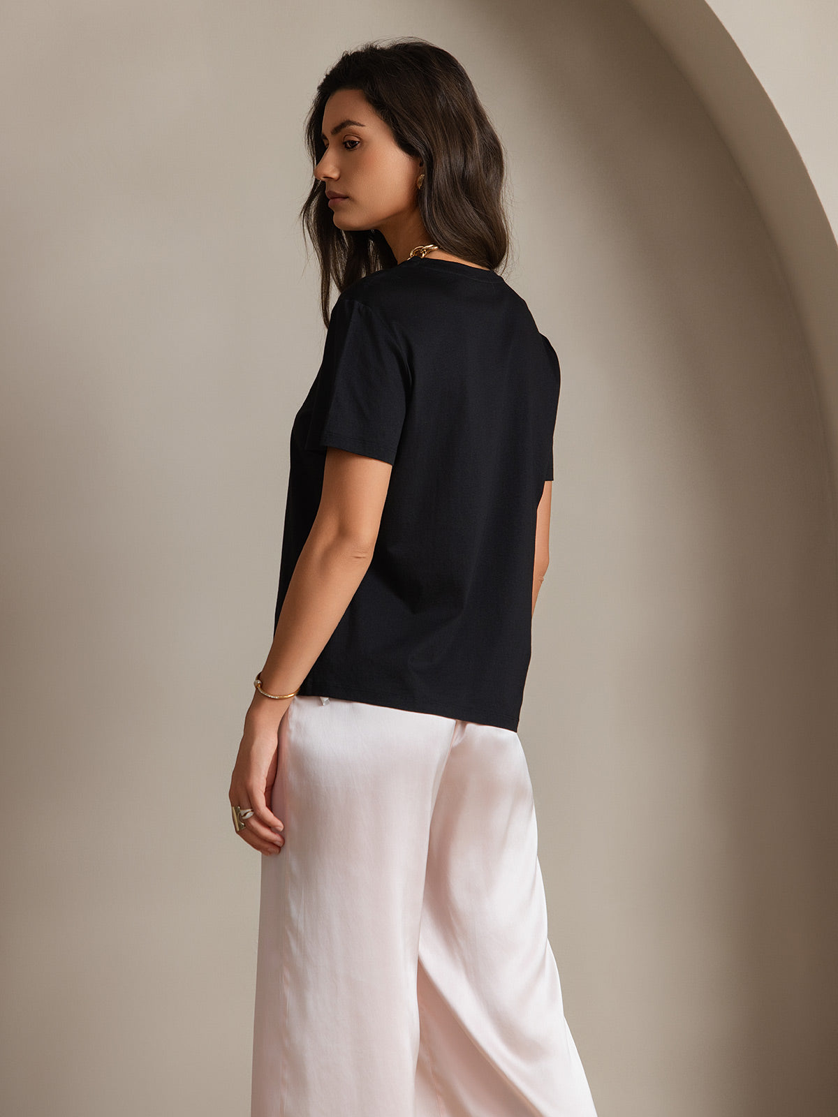 [Nero] SilkSilky-IT Maglia di seta Maniche Corte Round Neck Magliette donna 002