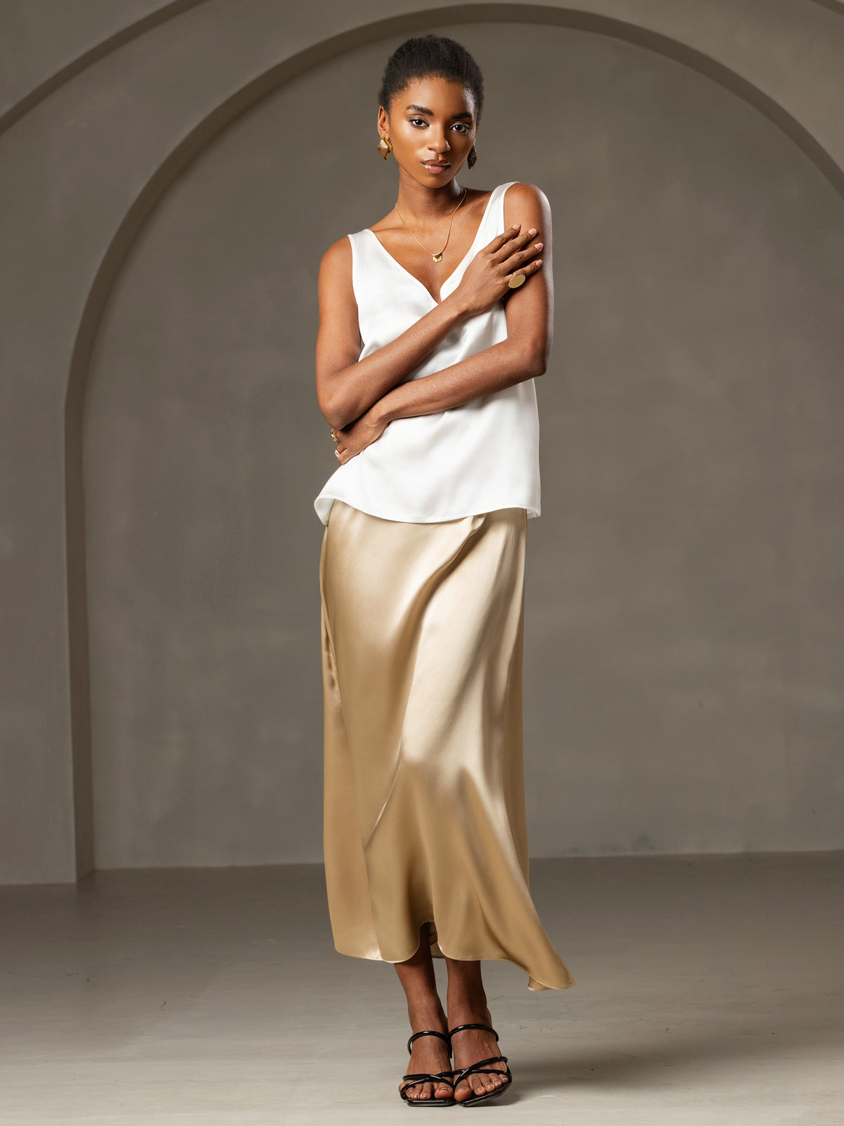 [Bianco] SilkSilky-IT 19Momme Seta Collo a V Cami 005