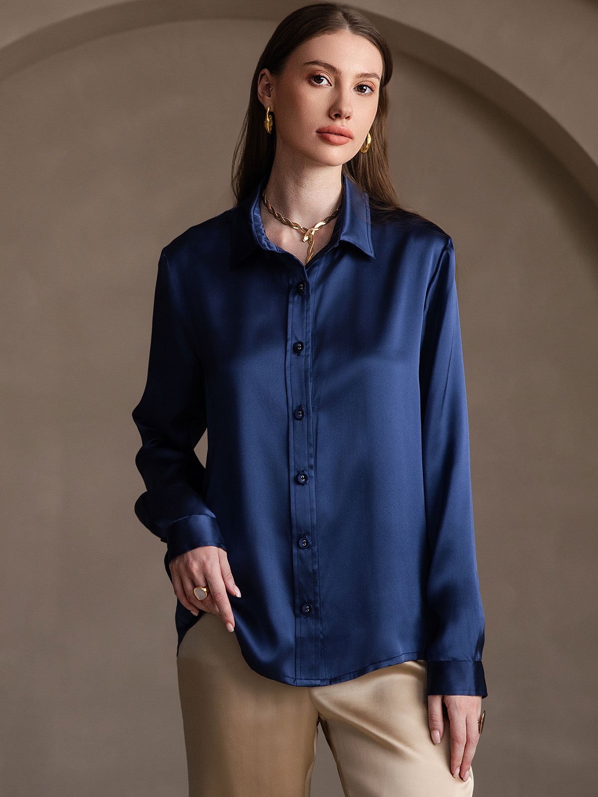 SilkSilky-IT 19Momme Seta Manica lunga Colletto risvolto Camicie da donna BluScuro 004