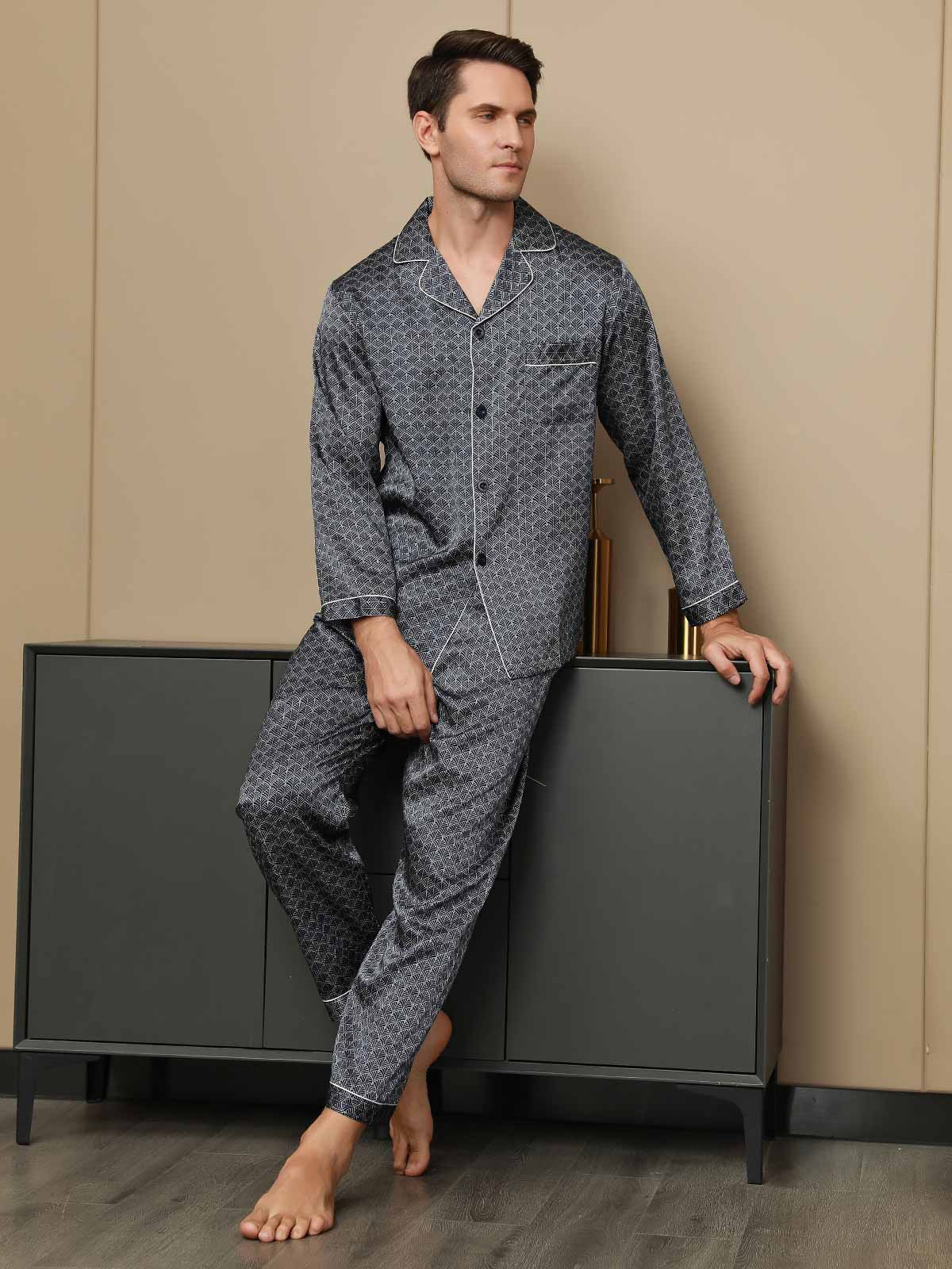[Ginkgo Blu Navy] SilkSilky-IT Long Sleeve Lapel Collar Pigiami da uomo 001