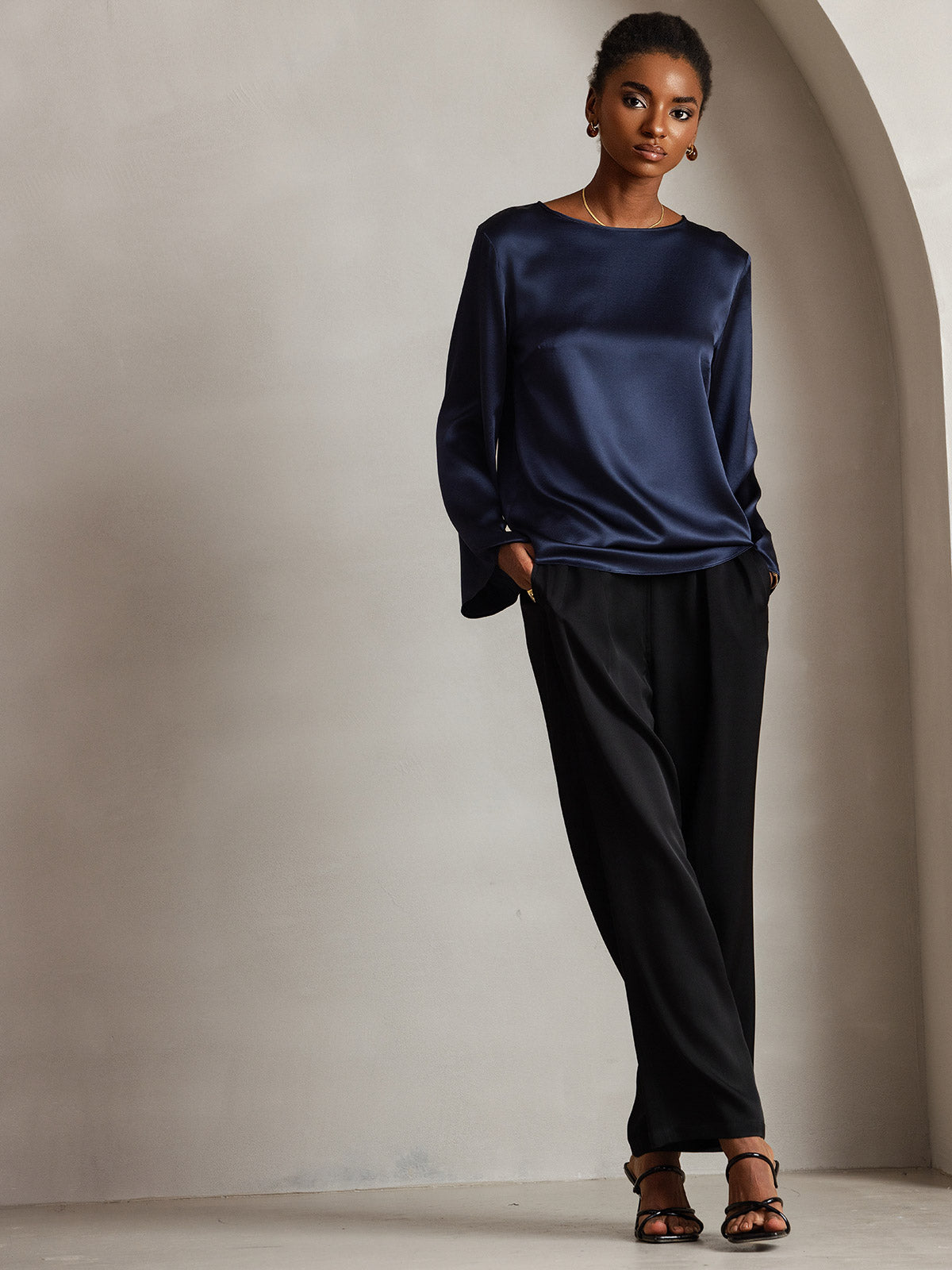 [Blu Scuro] SilkSilky-IT 19Momme Seta Womens T-Shirt 006,