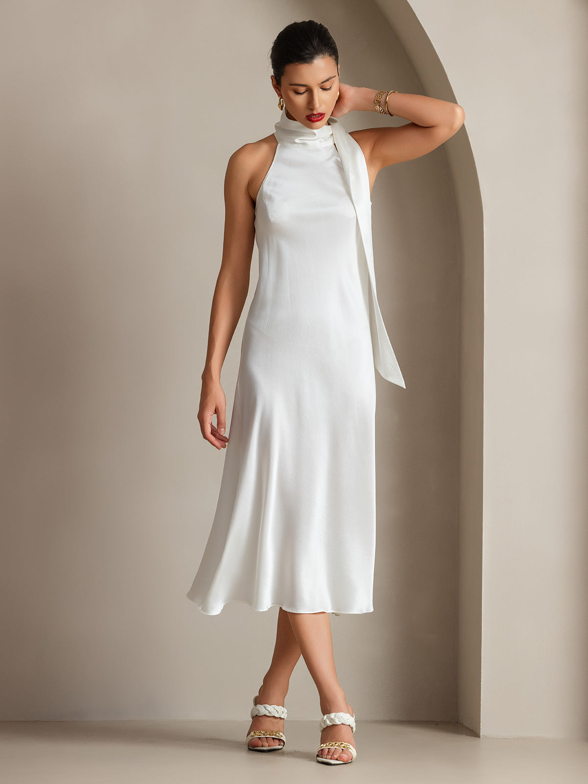 SilkSilky-IT 19Momme Seta Senza maniche Nodo al collo Vestiti da donna Bianco 007