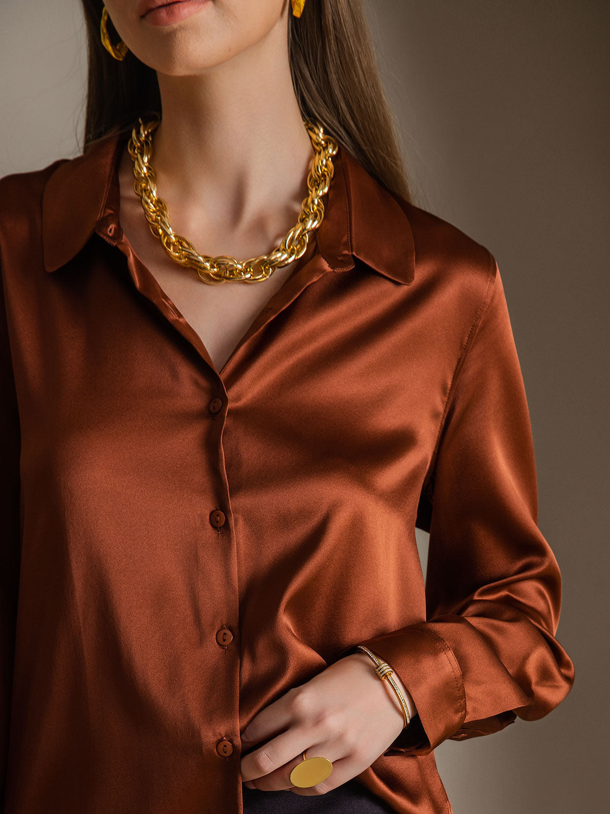 [Caffè] SilkSilky-IT Seta Colletto risvolto Camicie da donna 006
