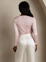 [Rosa Corallo] SilkSilky-IT Manica lunga Scollo rotondo Magliette donna 002
