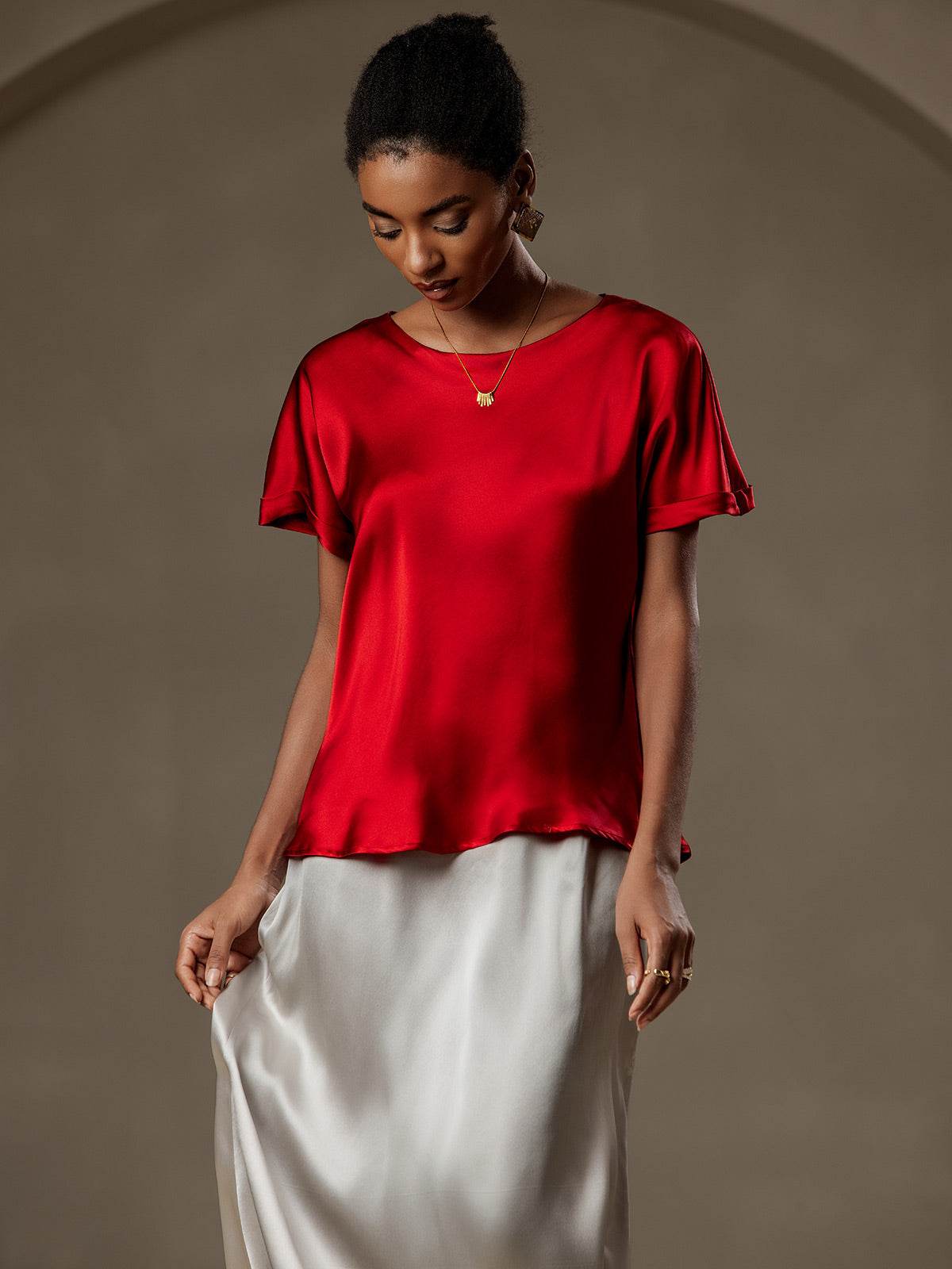 [Vino] SilkSilky-IT 19Momme Seta Maniche Corte Womens T-Shirt 004