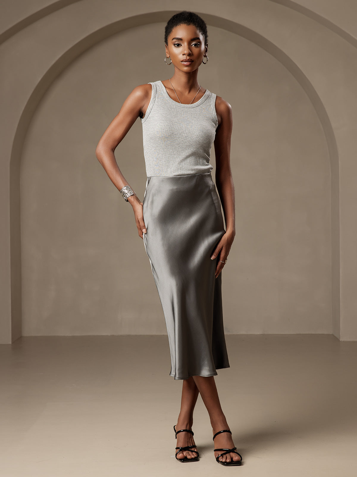 [Grigio Scuro] SilkSilky-IT 19Momme Seta pura Skirt 003,