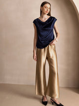 [Blu Scuro] SilkSilky-IT Cap Sleeve Cowl Neck Magliette donna 007