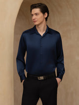 [Blu Scuro] SilkSilky-IT 19Momme Manica lunga Colletto con Revers Camicia da uomo 001