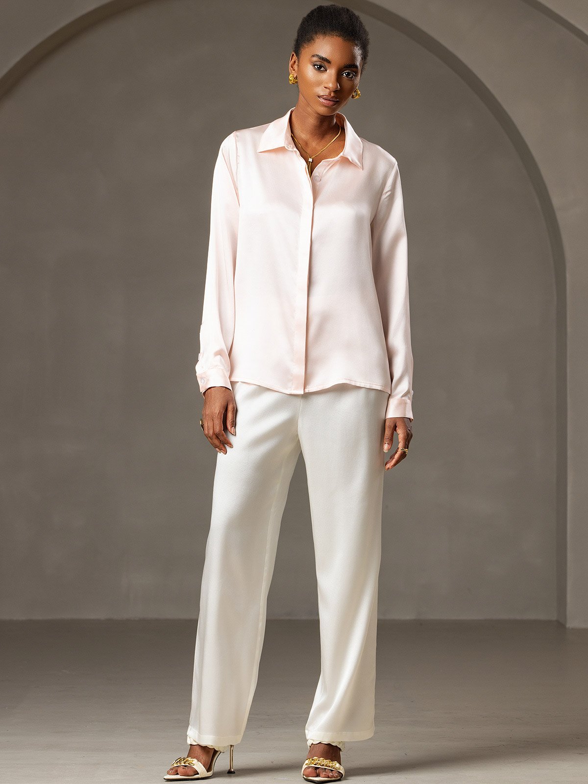 [Rosa] SilkSilky-IT 19Momme Seta Manica lunga Colletto risvolto Camicie da donna 007