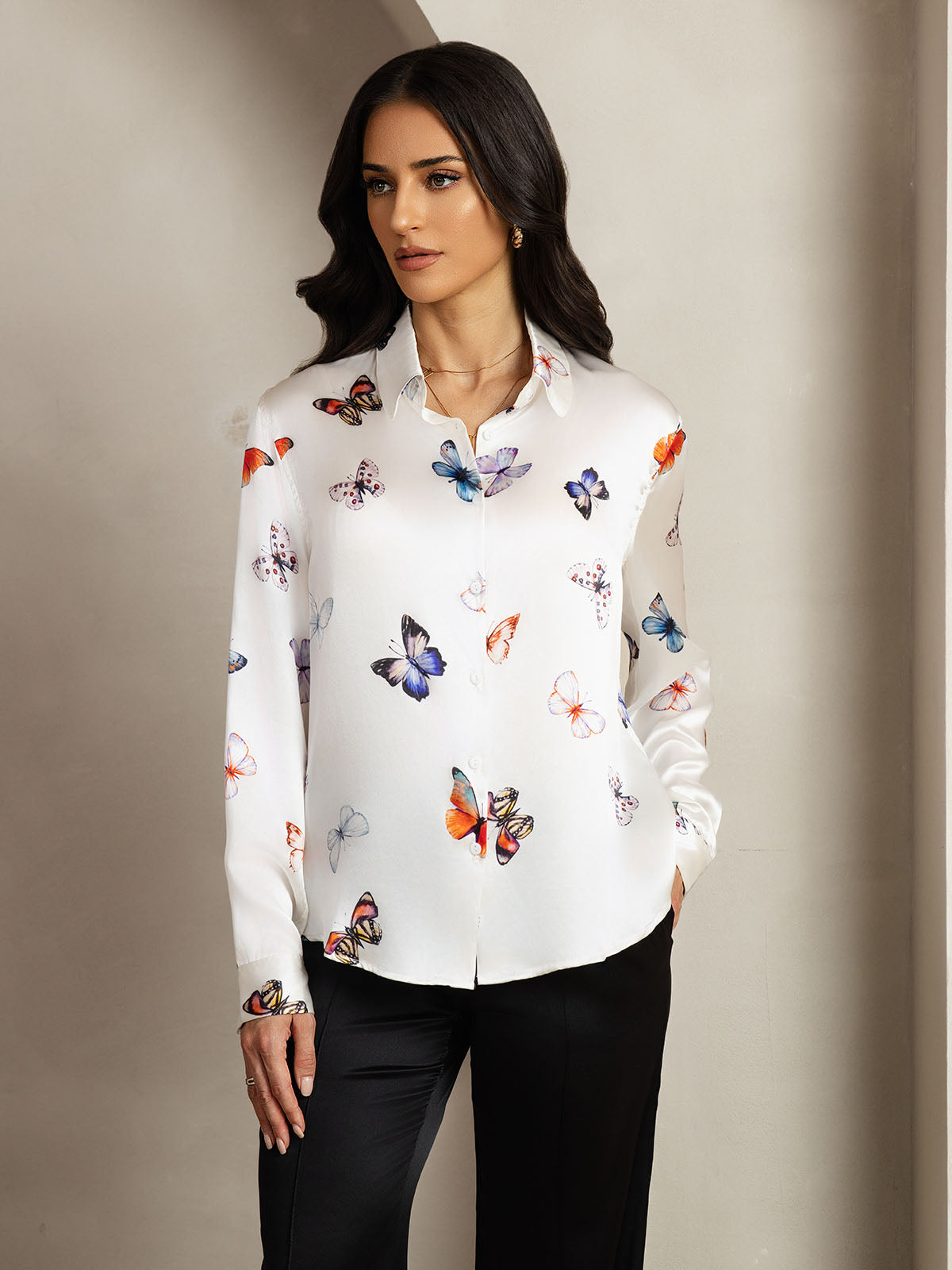[Farfalla Bianca] SilkSilky-IT Seta Colletto risvolto Camicie da donna 005