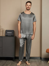 [Grigio Scuro] SilkSilky-IT Seta pura Maniche Corte Round Neck Pigiami da uomo 003