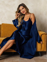 [Blu Scuro] SilkSilky-IT Manica lunga Scollo a V Set camicia e vestaglia 006