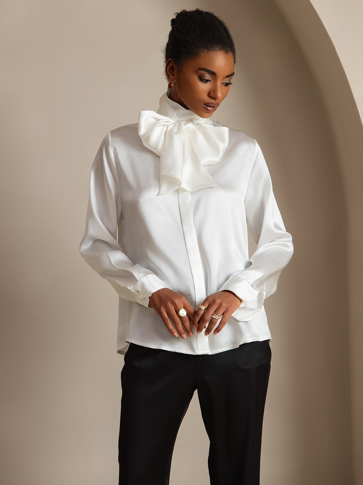 [Bianco] SilkSilky-IT 19Momme Seta Manica lunga Blouse 001