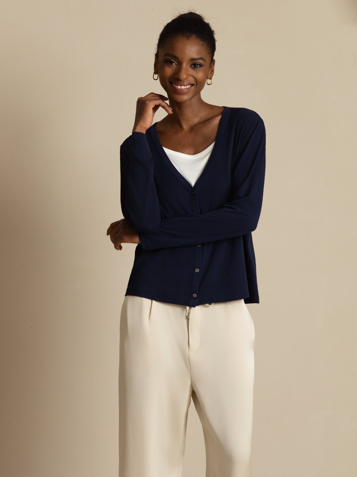 [BluScuro] SilkSilky-IT 19Momme Seta Manica lunga Scollo a V Cardigan Donna 004