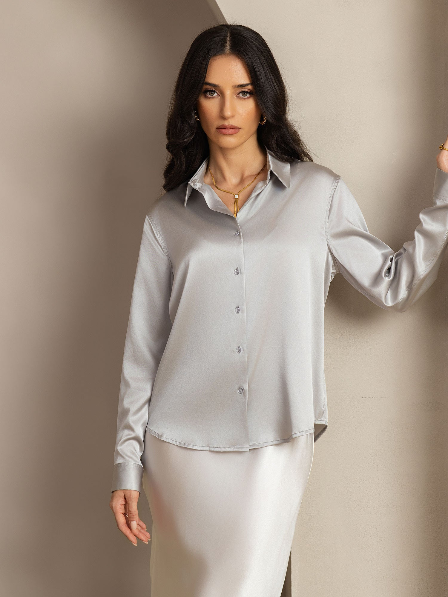 [Grigio Chiaro] SilkSilky-IT Seta Colletto risvolto Camicie da donna 008