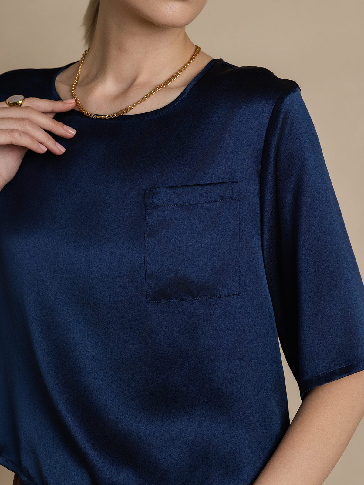 [Blu Scuro] SilkSilky-IT Seta pura Womens T-Shirt 006