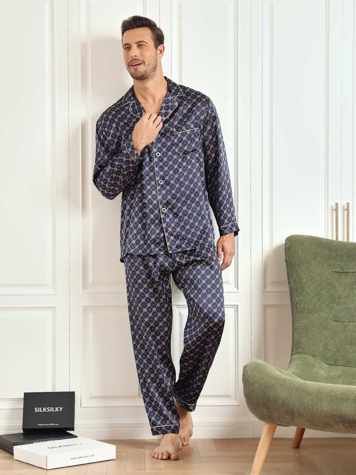 [Catena Blu Navy] SilkSilky-IT 19Momme Seta pura Mens Pajamas 005