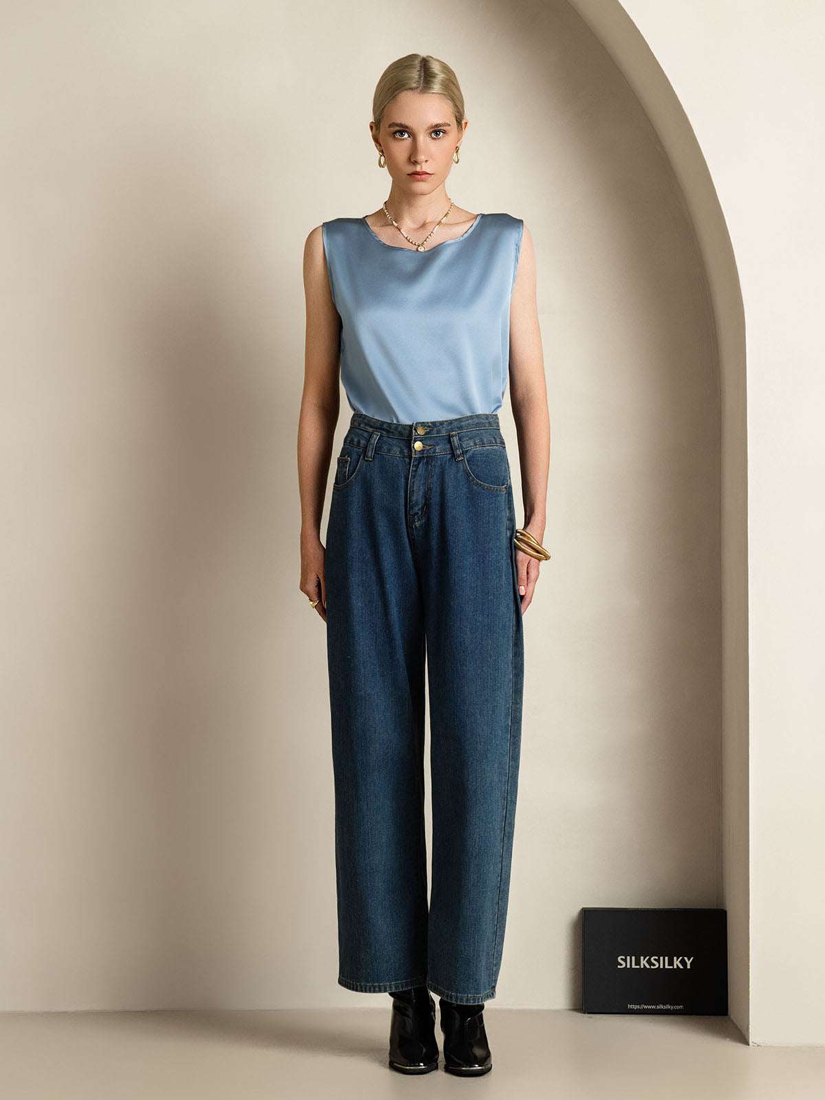 [Blu Grigiastro] SilkSilky-IT 19Momme Seta Camisoles 007