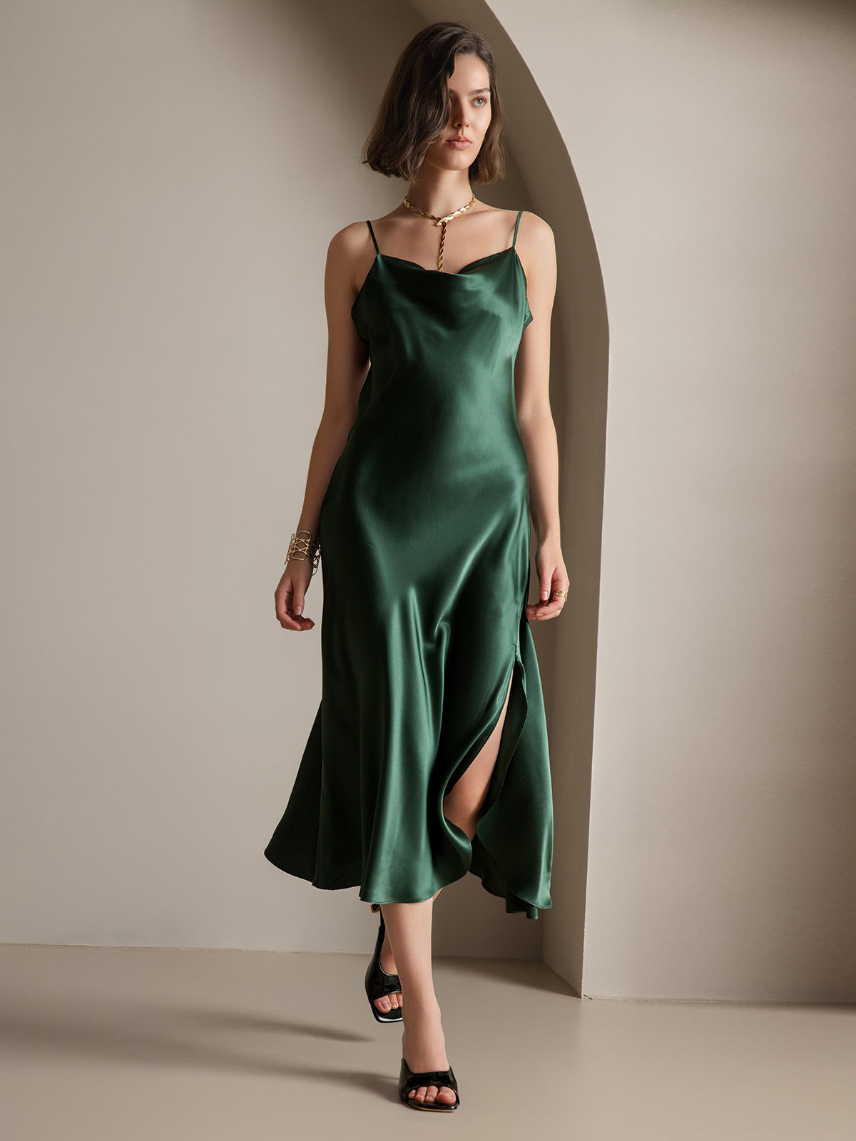 [Verde Scuro] SilkSilky-IT 19Momme Seta pura Collo drappeggiato Vestiti da donna 006
