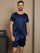 [Blu Scuro] SilkSilky-IT Seta pura Maniche Corte Round Neck Pigiami da uomo 003