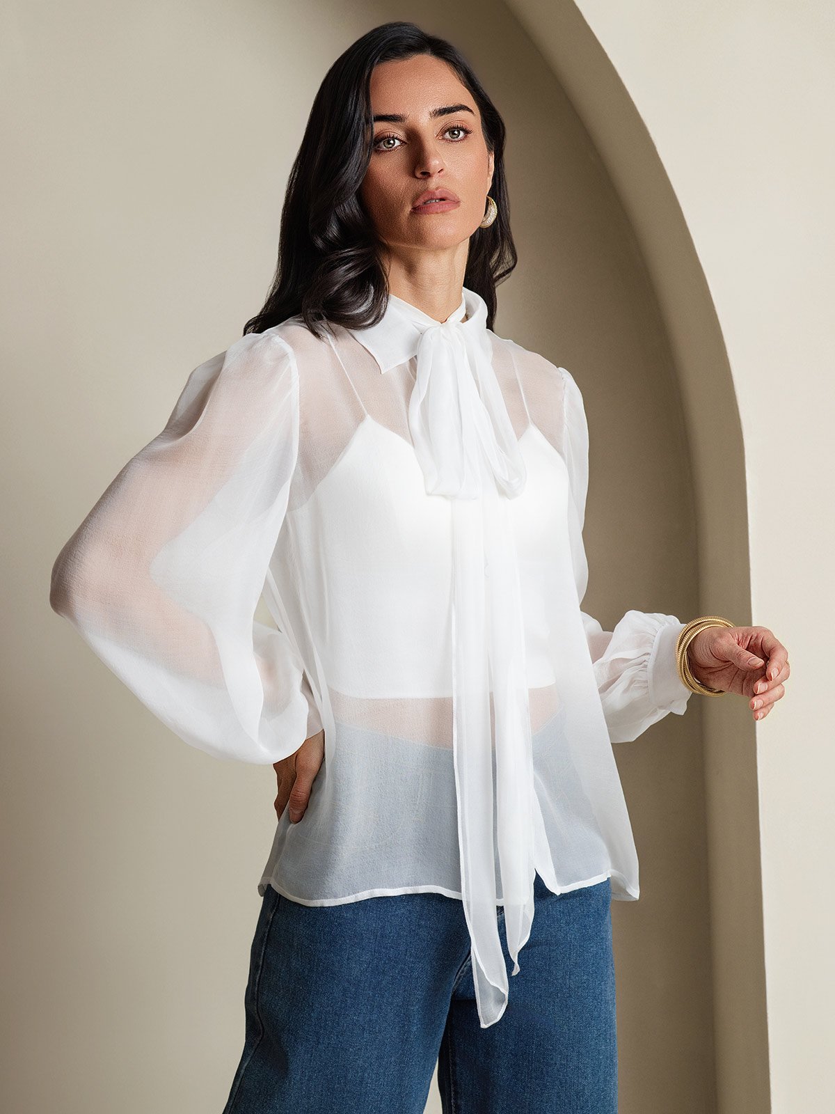 SilkSilky-IT Seta pura Manica lunga Nodo al collo Camicie da donna Bianco 004