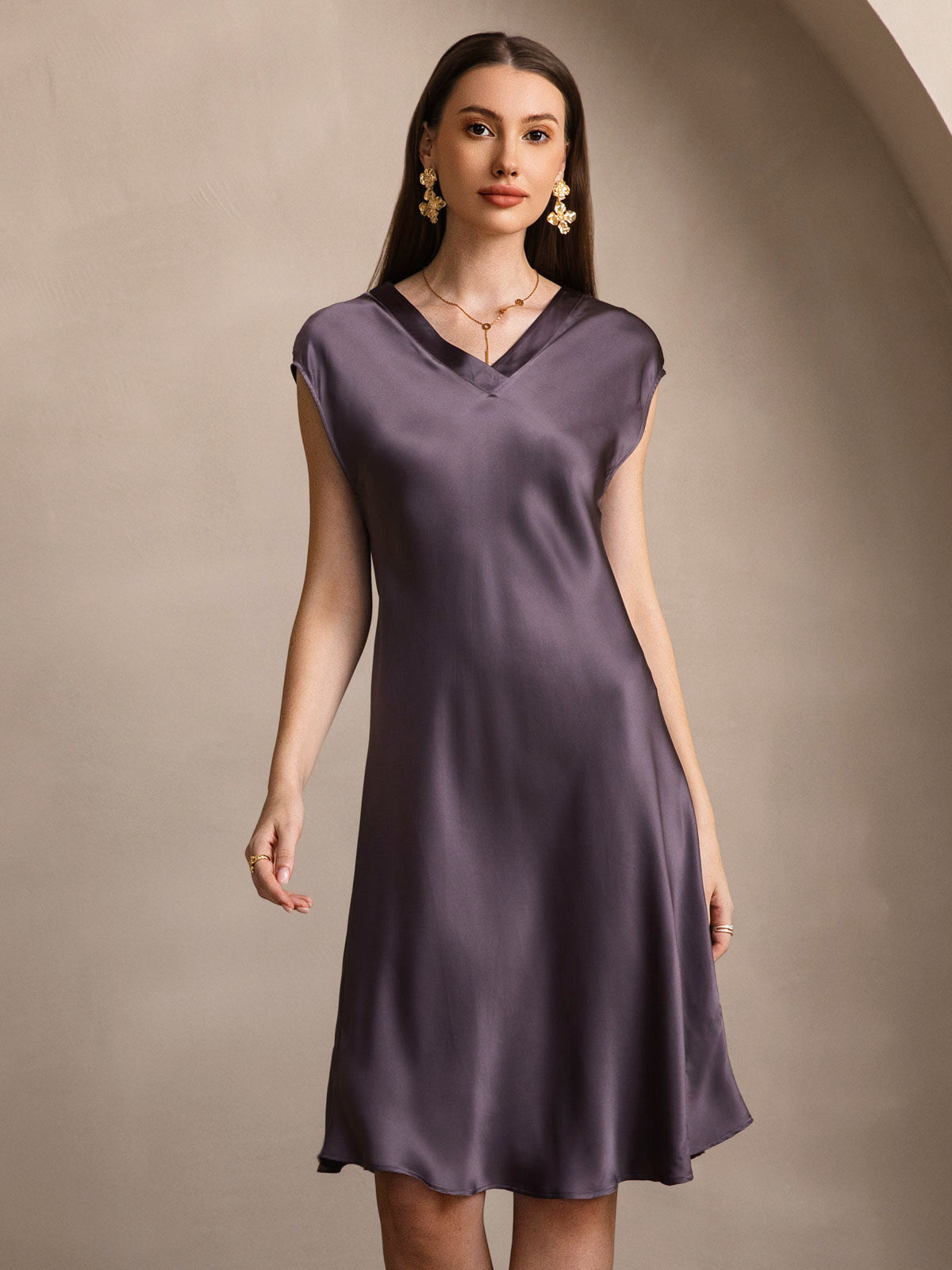 [Grigio Porpora] SilkSilky-IT Manica a Cuffia Scollo a V Camicia da notte 003