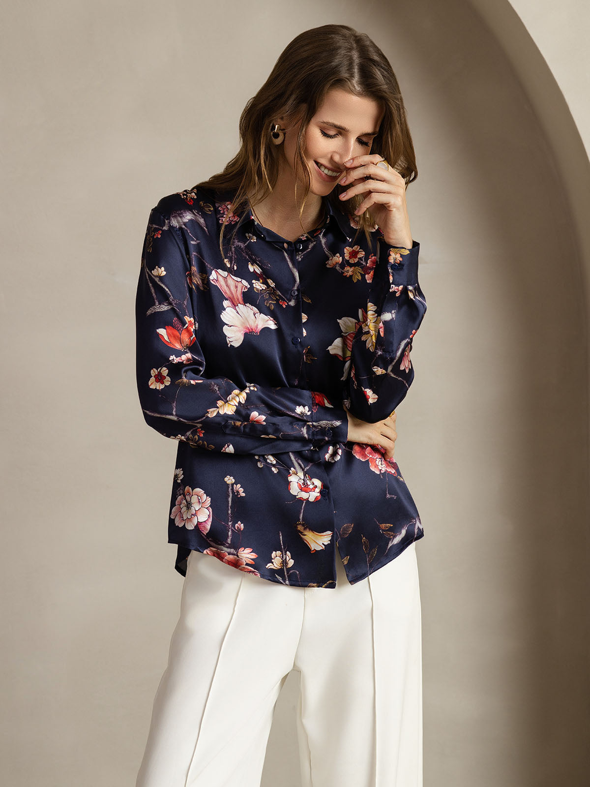 [Floreale Blu Navy] SilkSilky-IT Seta Colletto risvolto Camicie da donna 005