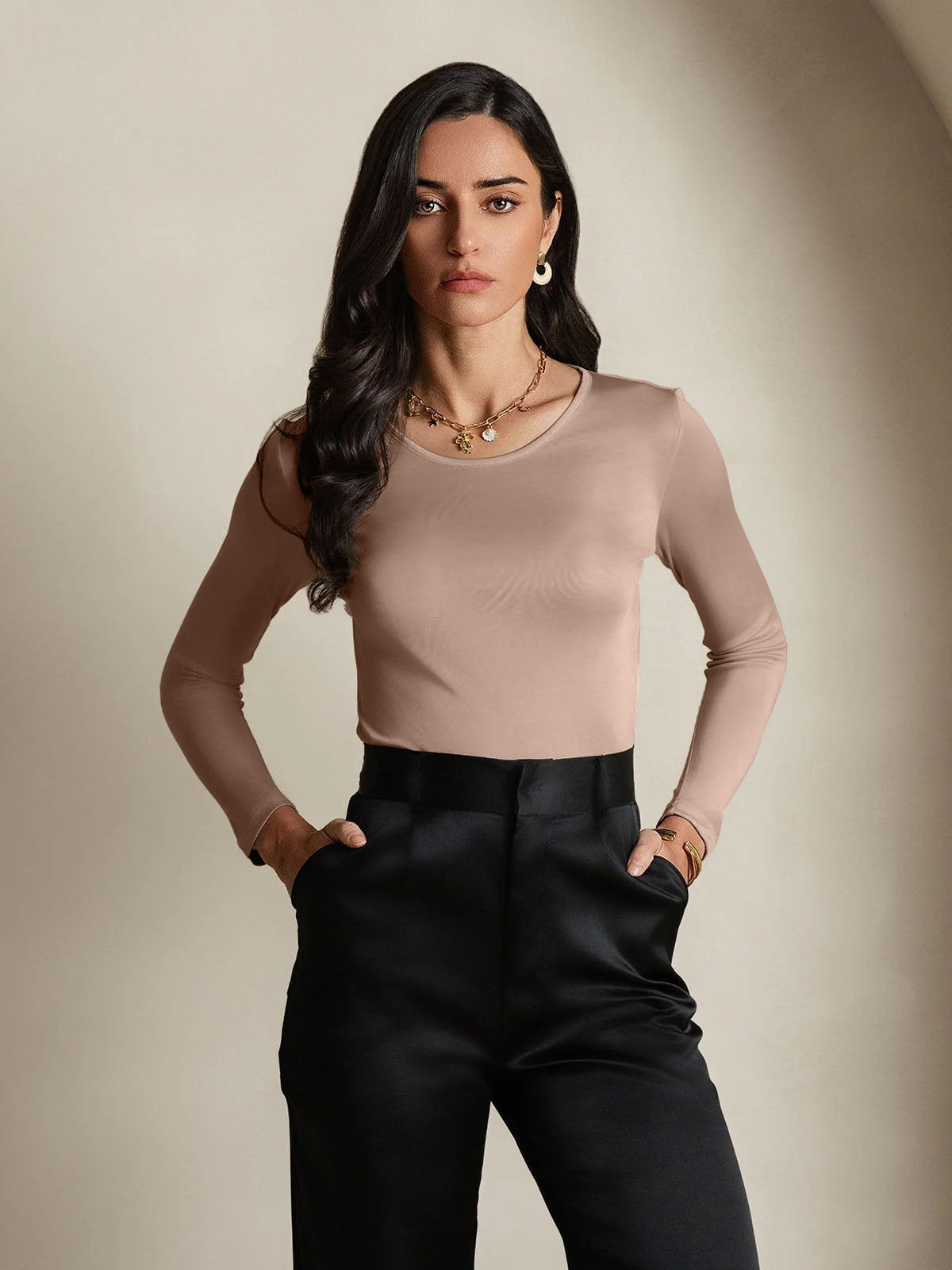 [Caffè] SilkSilky-IT Manica lunga Scollo rotondo Magliette donna 001