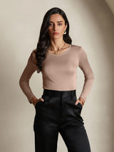 [Caffè] SilkSilky-IT Manica lunga Scollo rotondo Magliette donna 001