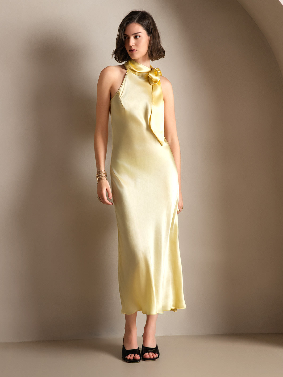 SilkSilky-IT 19Momme Seta Senza maniche Nodo al collo Vestiti da donna GialloChiaro 005