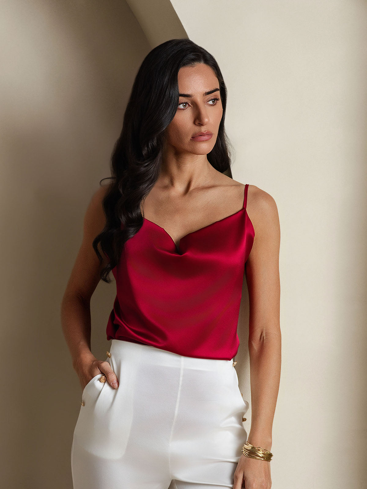 [Vino] SilkSilky-IT 19Momme Seta Collo drappeggiato Cami 003