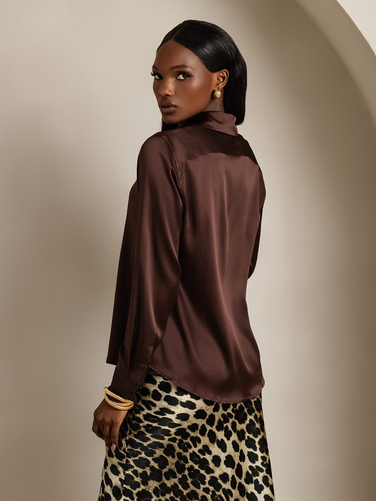[Marrone] SilkSilky-IT Seta Colletto risvolto Camicie da donna 002