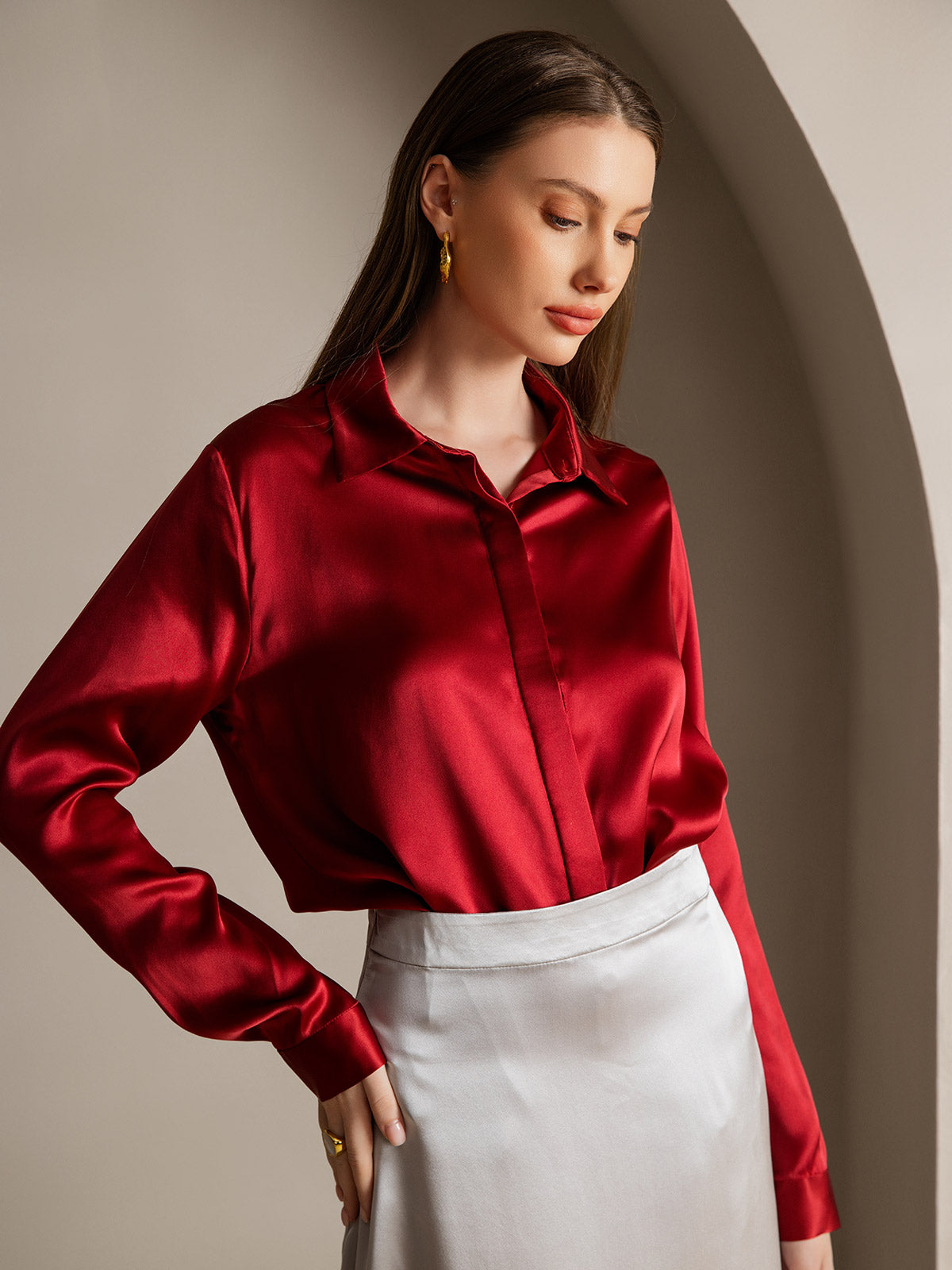 [Vino] SilkSilky-IT 19Momme Seta Lapel Collar Camicie da donna 001