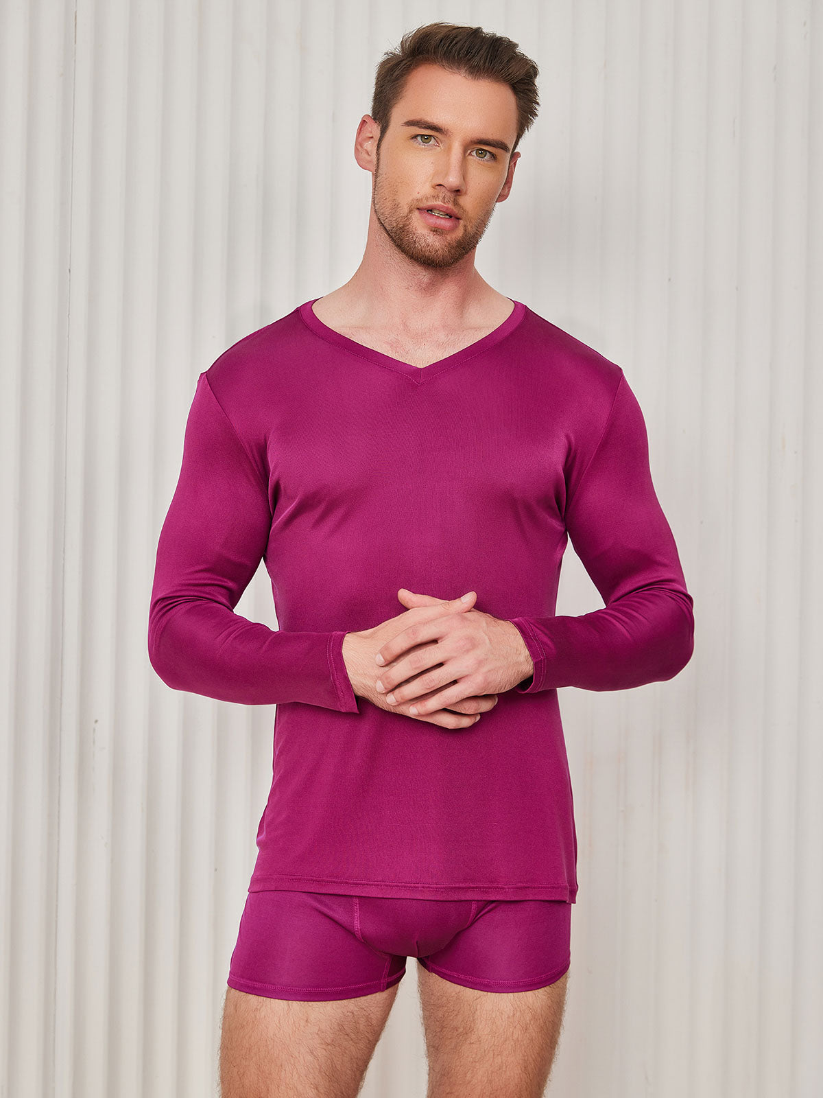 [Rosso Scuro] SilkSilky-IT Maglia di seta Manica lunga Collo a V Maglietta da uomo 001