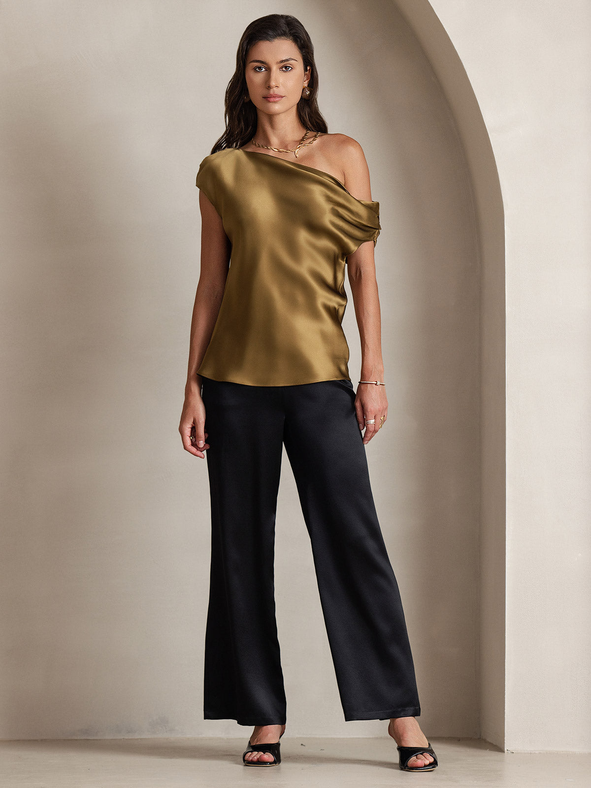 [Marrone] SilkSilky-IT 19Momme Seta Womens T-Shirt 006