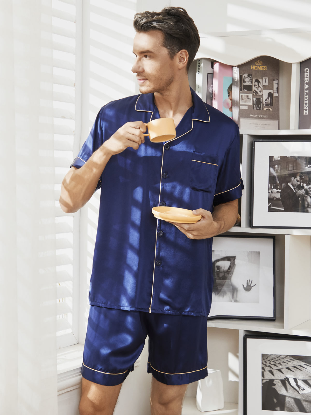 [Blu Scuro] SilkSilky-IT Short Sleeve Lapel Collar Pigiami da uomo 001