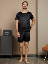 [Nero] SilkSilky-IT Seta pura Maniche Corte Round Neck Pigiami da uomo 005