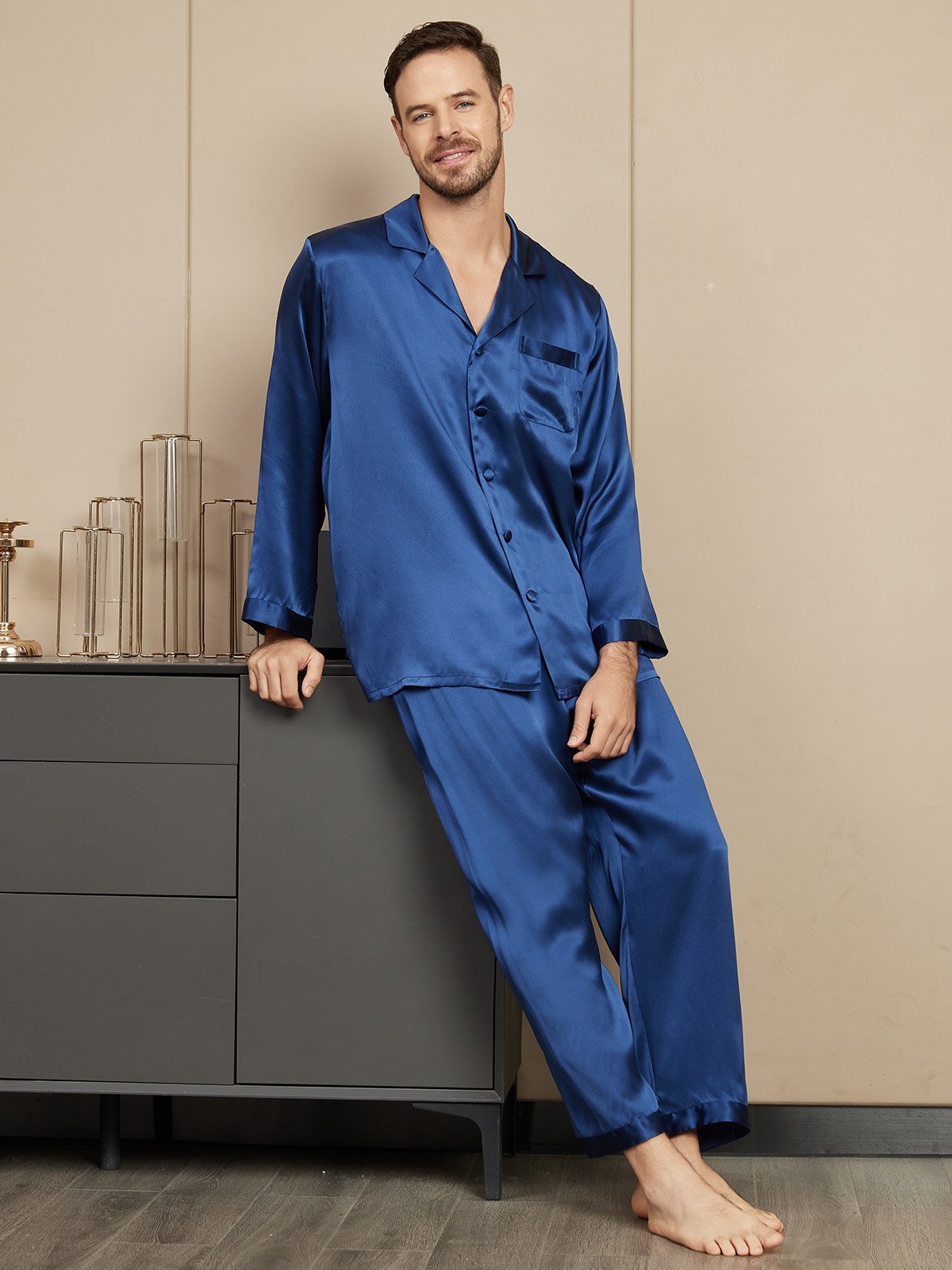 [Blu Scuro] SilkSilky-IT Seta pura Mens Pajamas 004