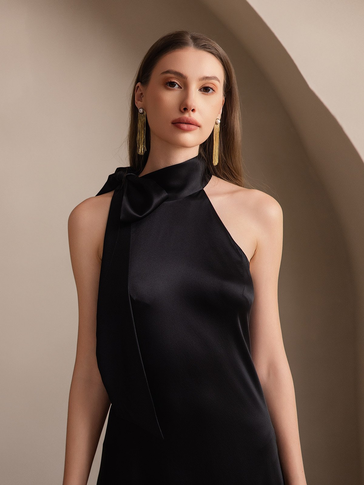[Nero] SilkSilky-IT 19Momme Seta Senza maniche Nodo al collo Vestiti da donna 003