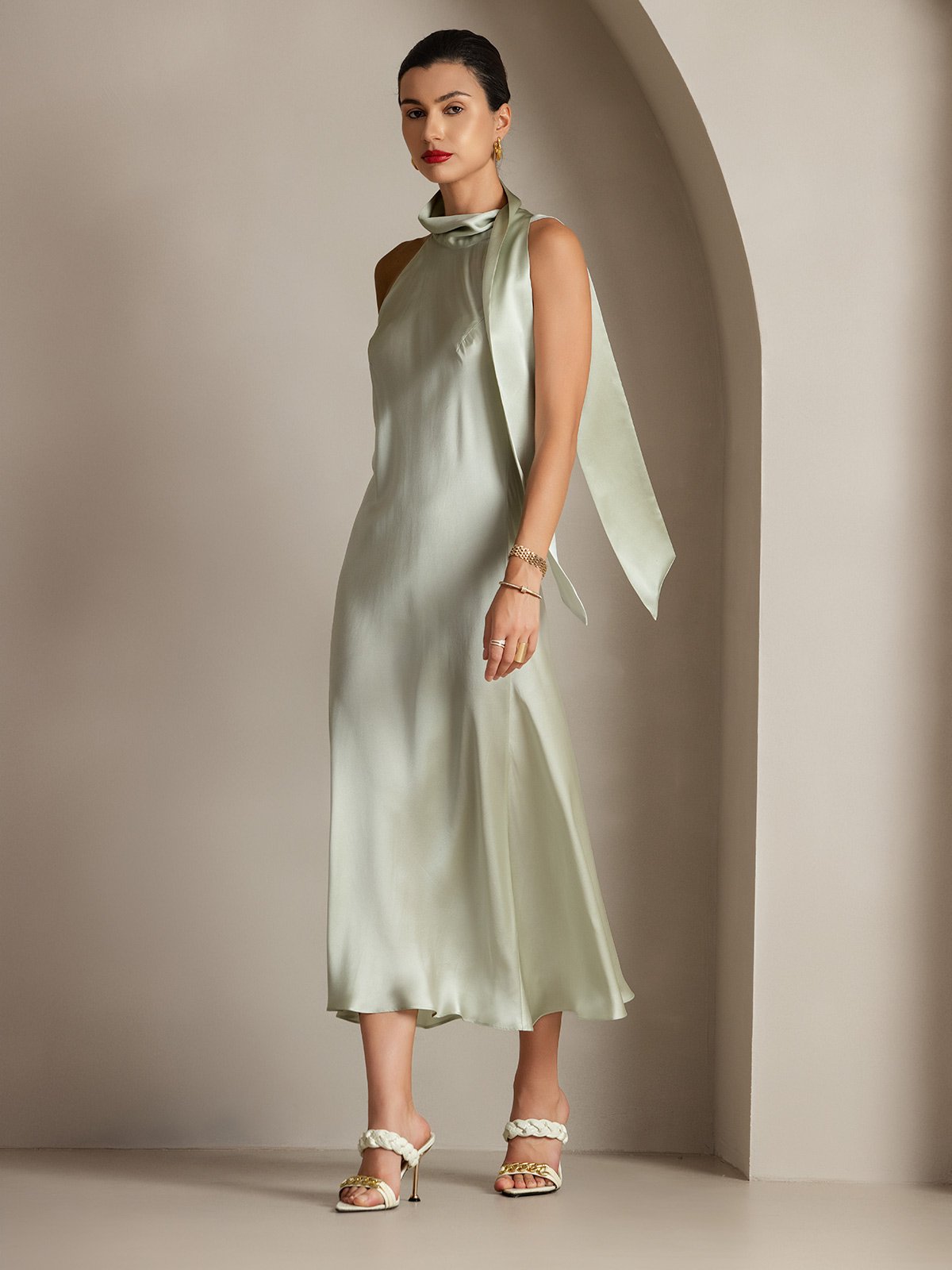 [Verde Chiaro] SilkSilky-IT 19Momme Seta Senza maniche Nodo al collo Vestiti da donna 001