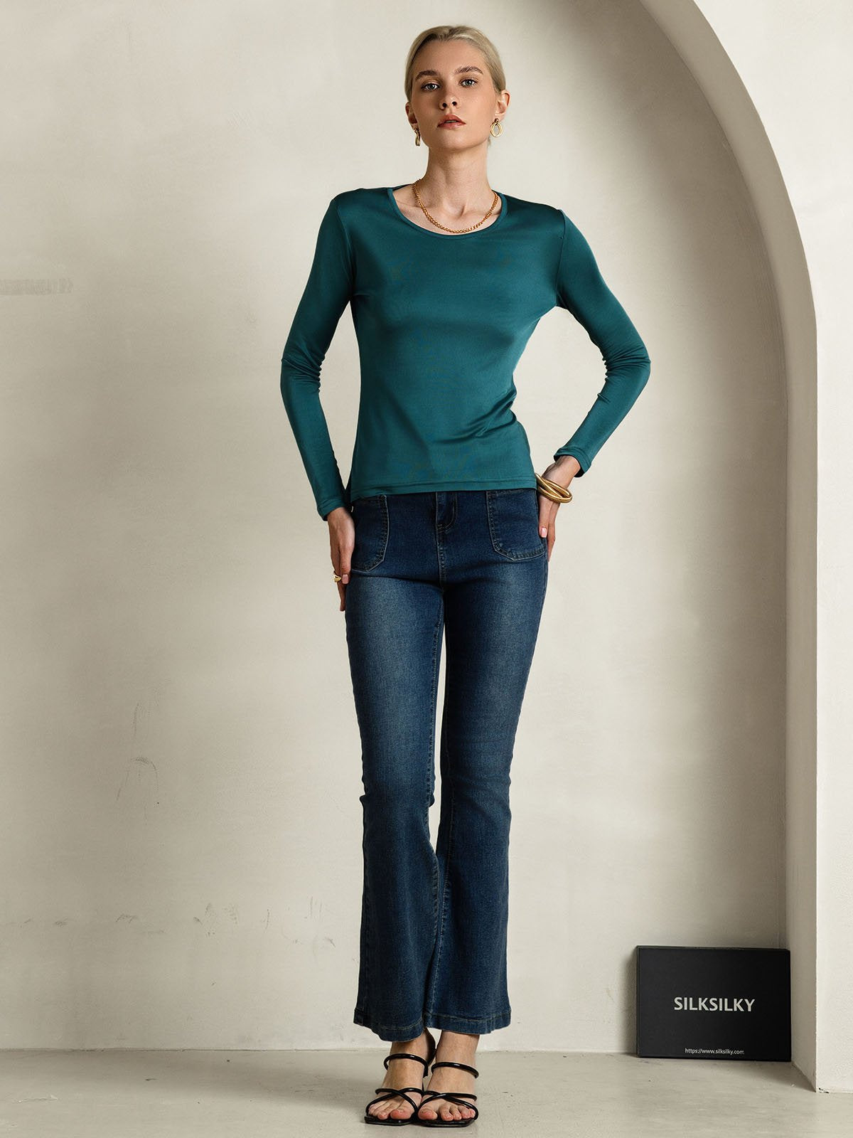 [Verde Posy] SilkSilky-IT Manica lunga Scollo rotondo Magliette donna 005