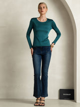 [Verde Posy] SilkSilky-IT Manica lunga Scollo rotondo Magliette donna 005
