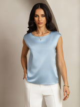 [Blu Grigiastro] SilkSilky-IT Cap Sleeve Round Neck Magliette donna 001