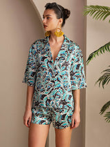 [Botanico Teal] SilkSilky-IT Short Sleeve Notch Collar Pigiami da donna 003