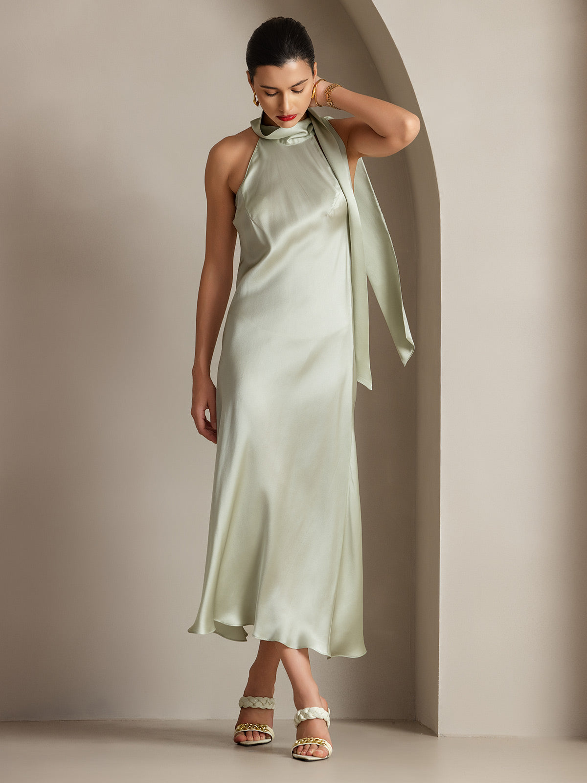 SilkSilky-IT 19Momme Seta Senza maniche Nodo al collo Vestiti da donna VerdeChiaro 005