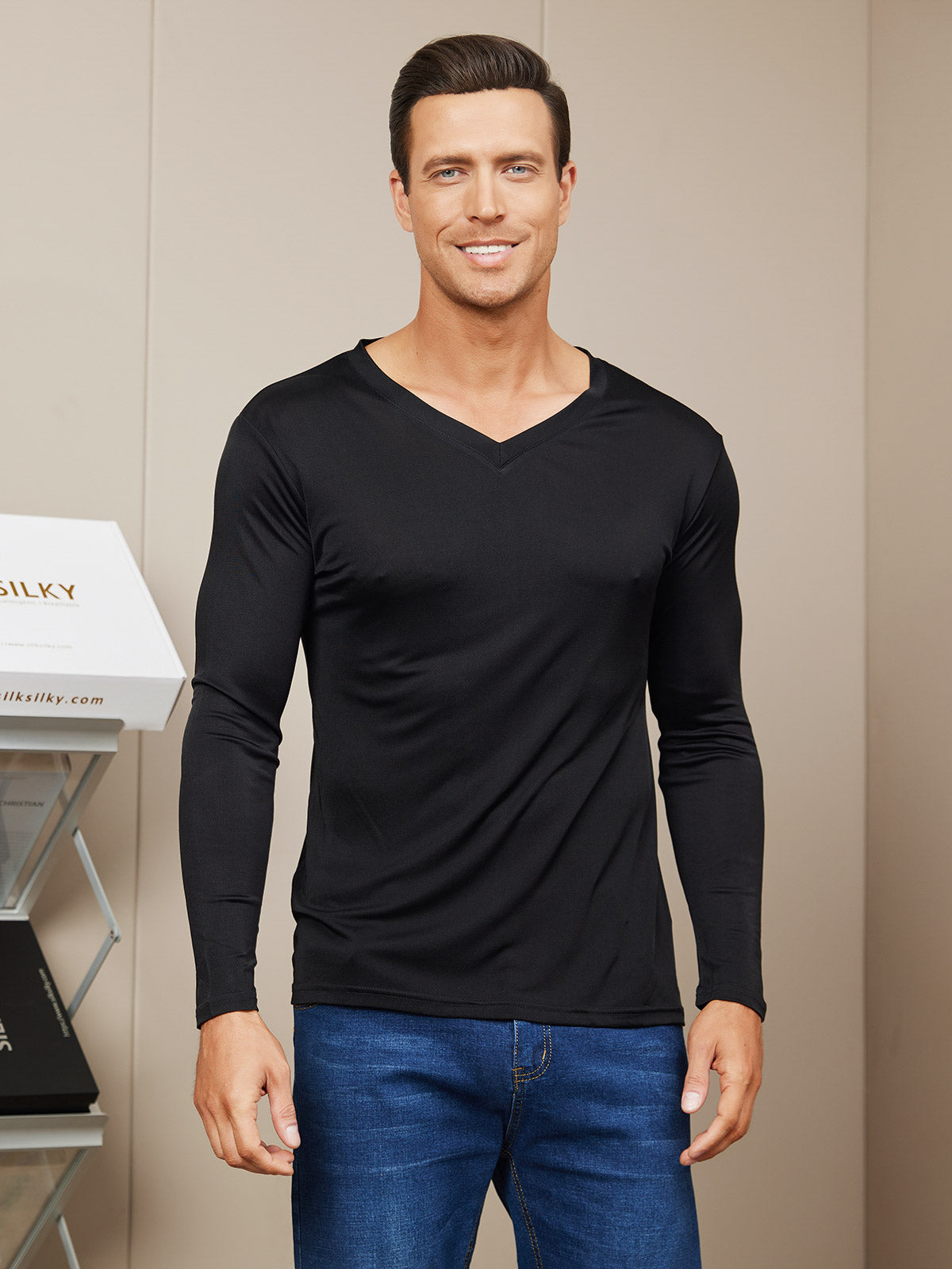 [Nero] SilkSilky-IT Maglia di seta Manica lunga Collo a V Maglietta da uomo 001