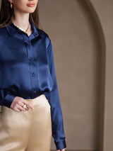 [Blu Scuro] SilkSilky-IT 19Momme Manica lunga Colletto con Revers Camicie da donna 006