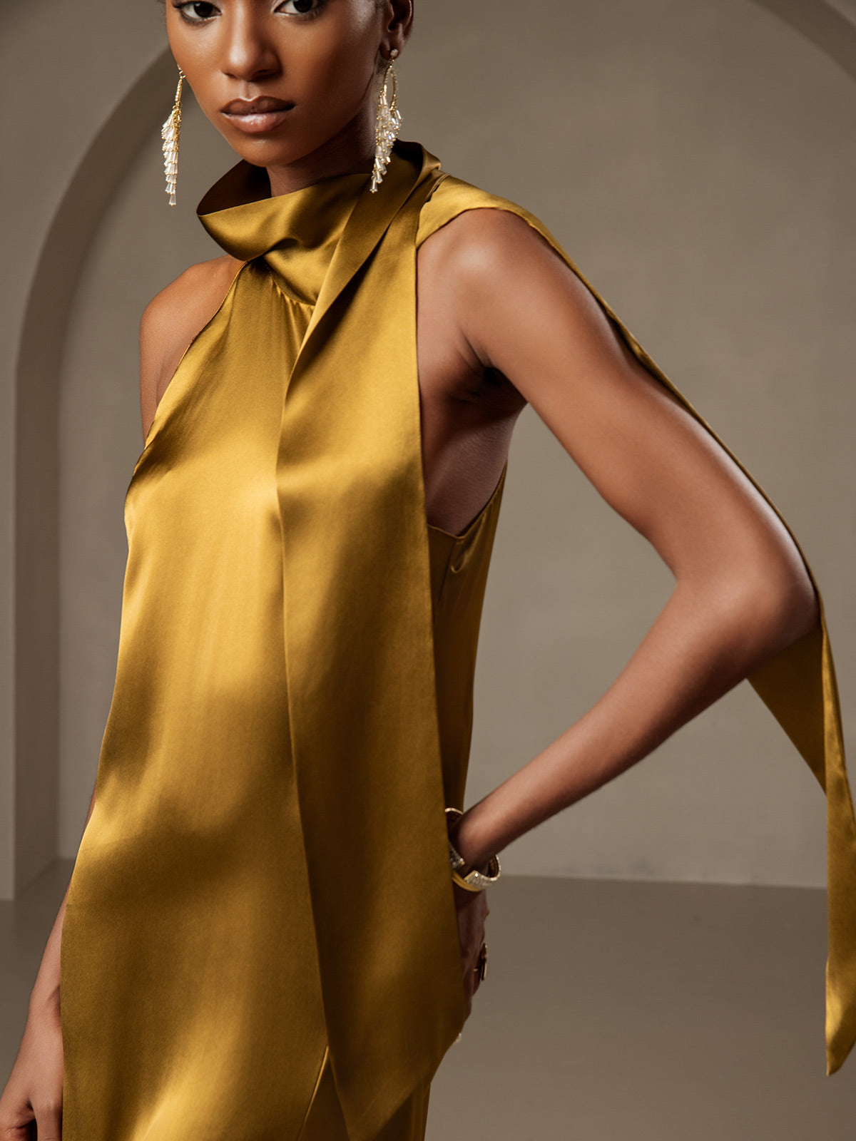 [Marrone] SilkSilky-IT 19Momme Seta Senza maniche Dress 003