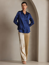 [Blu Scuro] SilkSilky-IT Long Sleeve Lapel Collar Camicie da donna 004